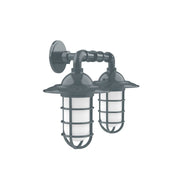 Slate gray 2-light straight arm wall light with two frosted glass shades and metal guards
