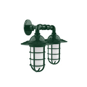 Forest green 2-light straight arm wall light with two lantern shades and glass panels