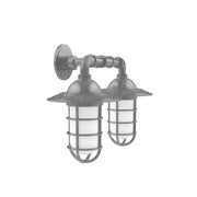 2-light straight arm wall light in painted galvanized finish with frosted glass shades