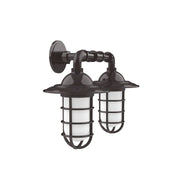 Two-light straight arm wall light with bronze backplate and two glass lantern shades