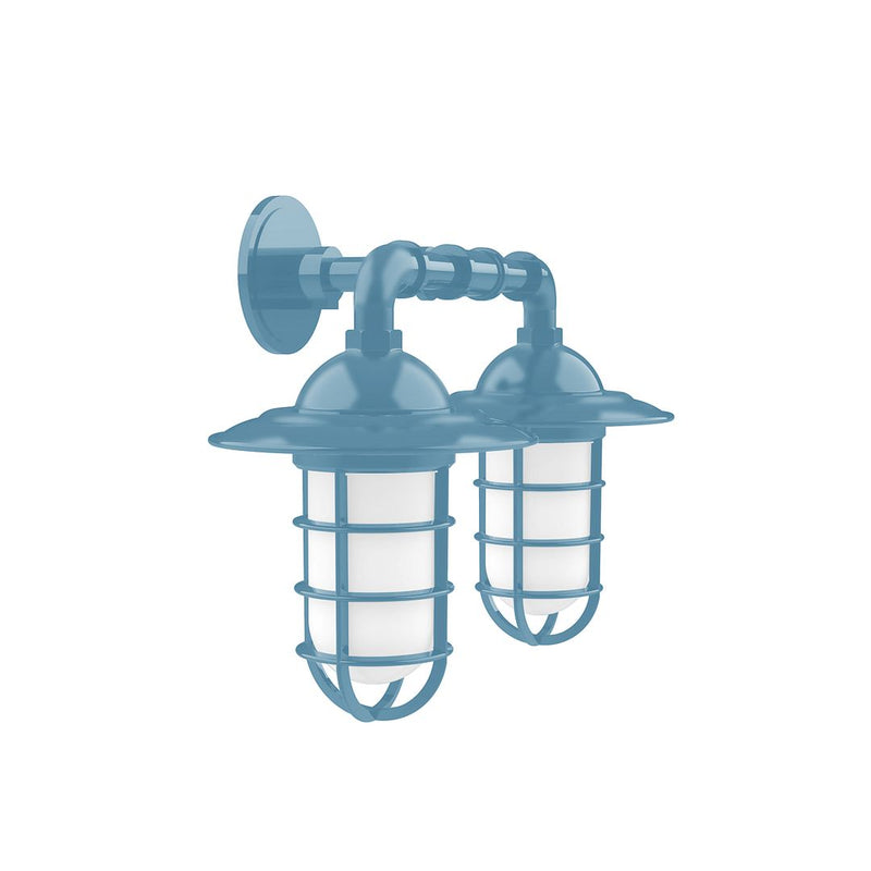 Light blue two-light straight arm wall light with frosted glass lantern shades