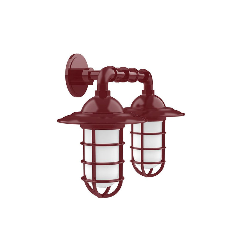 Barn red 2-light straight arm wall light with two lantern glass shades