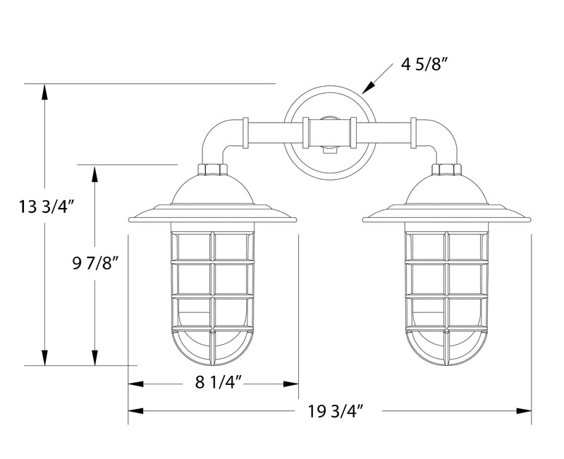 2-light straight arm wall light dimension diagram: 13 3/4 in tall, 19 3/4 in wide