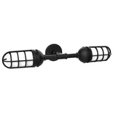 Black 2-light straight arm wall sconce with cylindrical cage shades