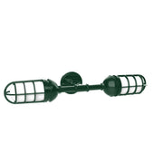 Vaportite 2-light straight arm wall light, forest green cage shades with white glass
