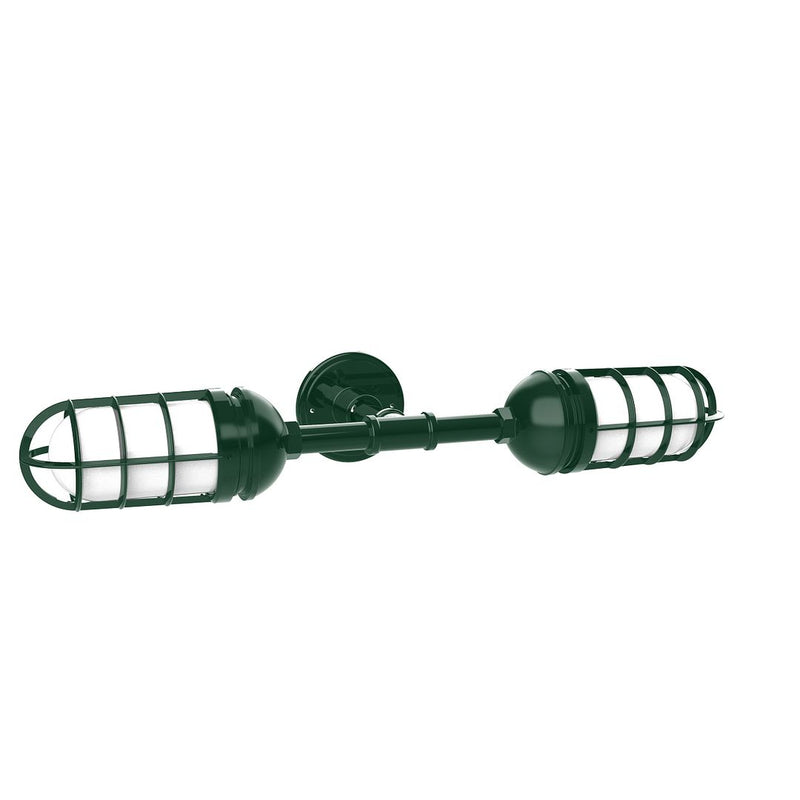 Vaportite 2-light straight arm wall light, forest green cage shades with white glass