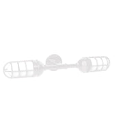 2-light straight arm wall light in white with two caged cylindrical shades