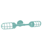 Sea green two-light straight arm wall light with clear cage shades