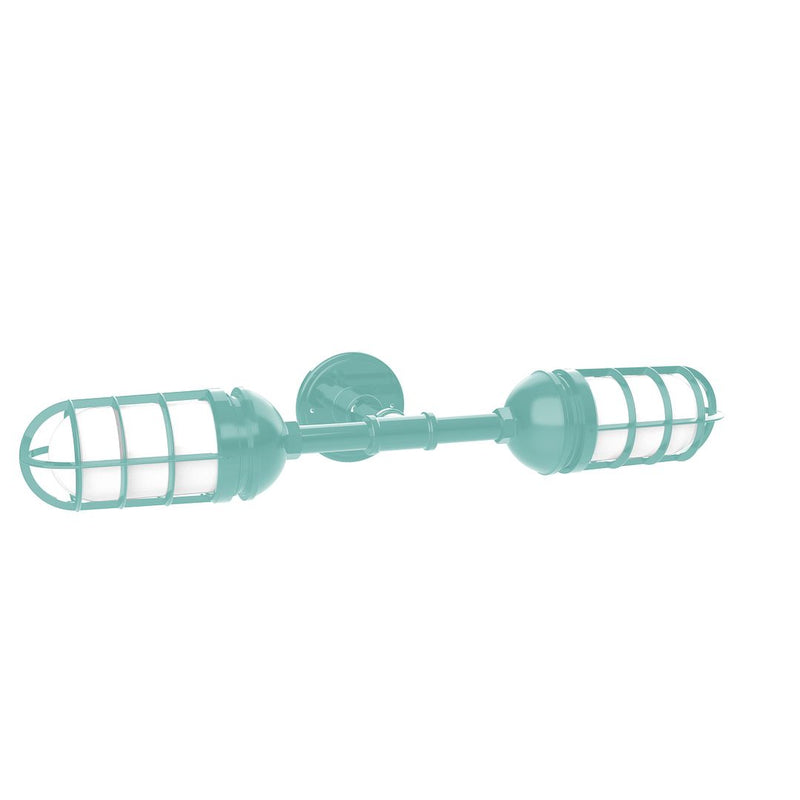 Sea green two-light straight arm wall light with clear cage shades