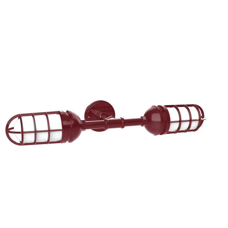 Barn red 2-light wall light with two cylindrical shades and metal cage guards
