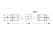 Straight arm wall light with two frosted glass shades and dimension marks