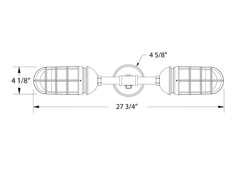 Straight arm wall light with two frosted glass shades and dimension marks