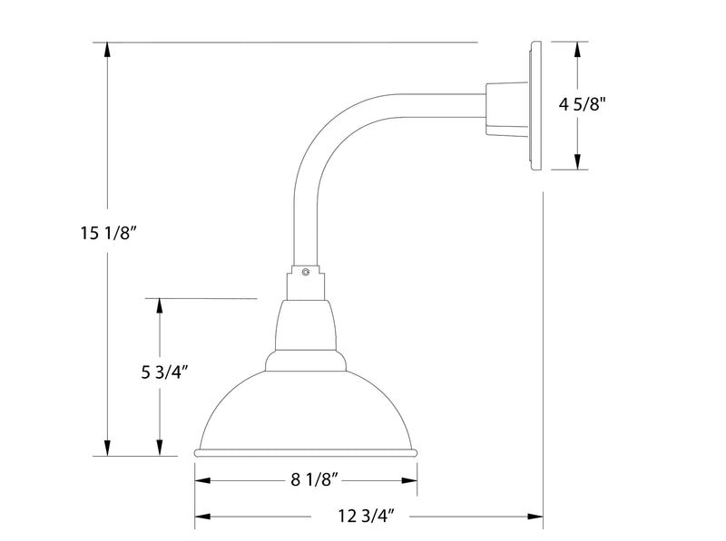 Wall light dimension diagram for curved arm and 8 1/8-inch bell shade