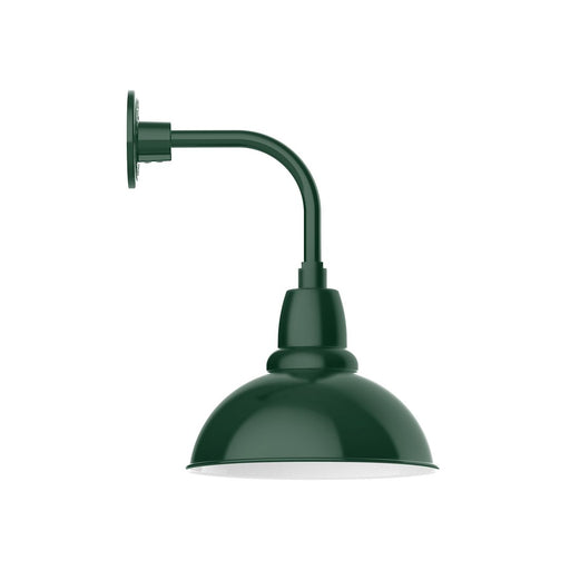 Forest green curved-arm wall light with dome shade and round wall mount backplate