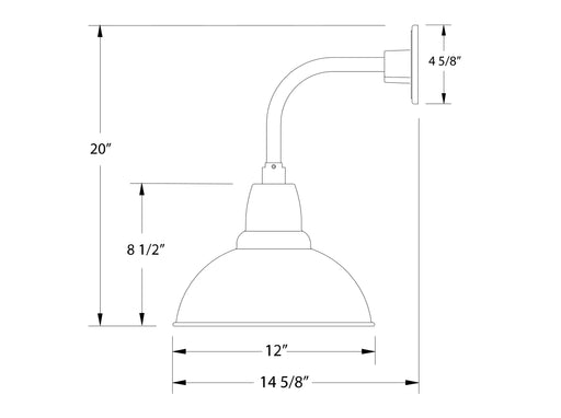 Curved arm wall light with 12 in bell shade and mounting bracket, vermillion