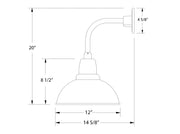 Sea green curved arm wall light diagram with 12 in shade and 20 in height