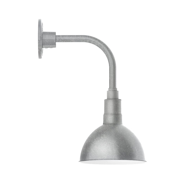 Curved arm wall light with deep bowl shade and round wall mount, painted galvanized