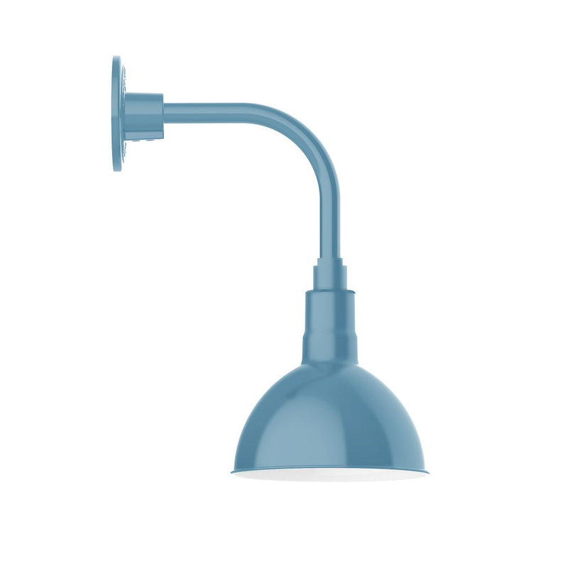 Light blue LED wall light with curved arm and dome shade