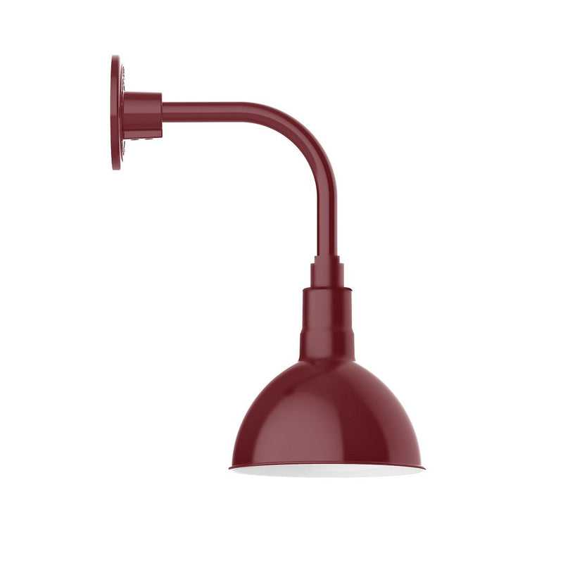 Barn red LED wall light with curved arm and domed bowl shade
