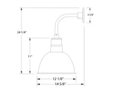 Deep bowl wall light size diagram with curved arm and shade measurements