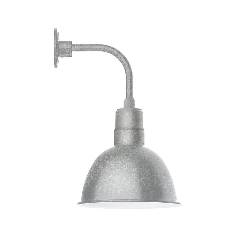 Curved arm wall light with dome shade and painted galvanized finish