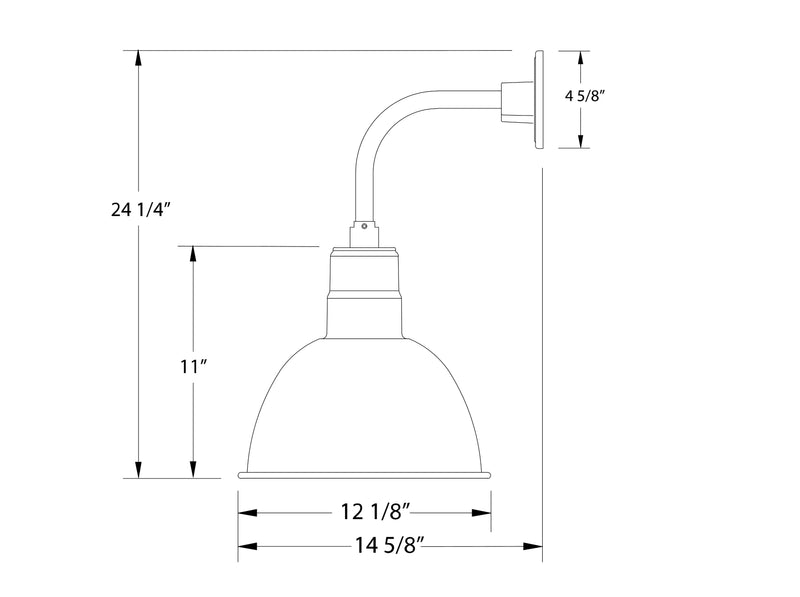 White deep bowl wall light dimension diagram with curved arm and mount.