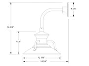Wall light dimension diagram showing curved arm, lantern base, and 12 in width
