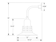 Curved-arm wall light diagram with 19 in height and 12 in base width