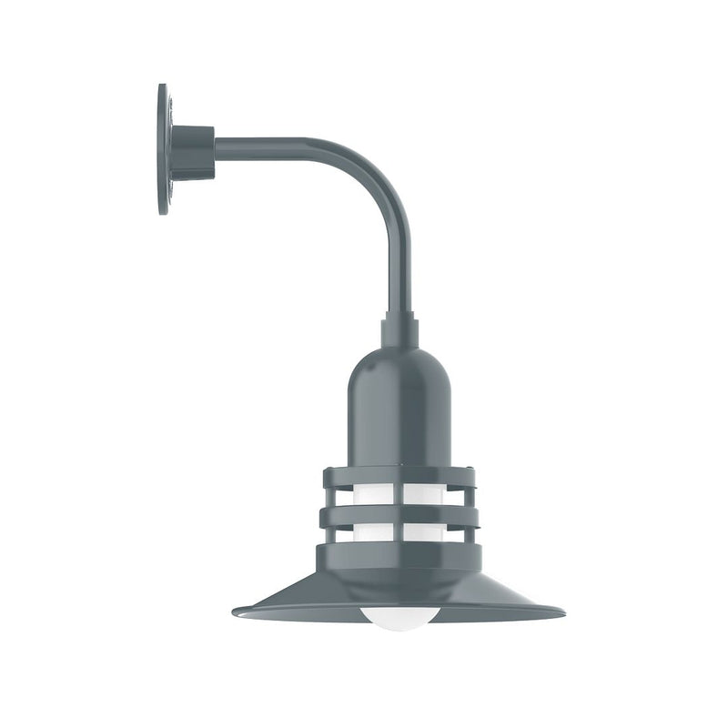 Slate gray curved arm wall light with bell-shaped shade and mounting backplate