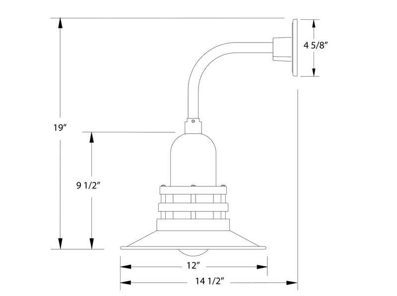 Curved arm wall light size chart, 12 in base and 19 in height