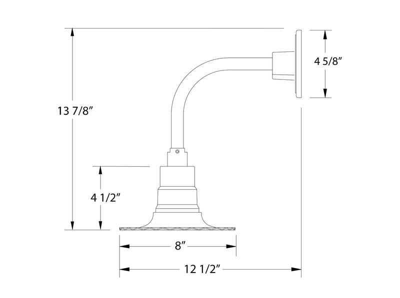 Wall light dimensions diagram, curved arm, 8 in width and 13 7/8 in height