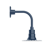 Navy curved arm wall light with round backplate and L-shaped mounting arm