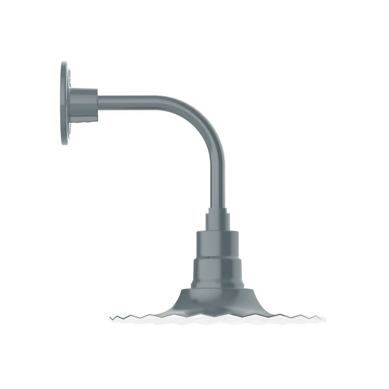 Slate gray curved arm wall light with round back plate and ribbed joint