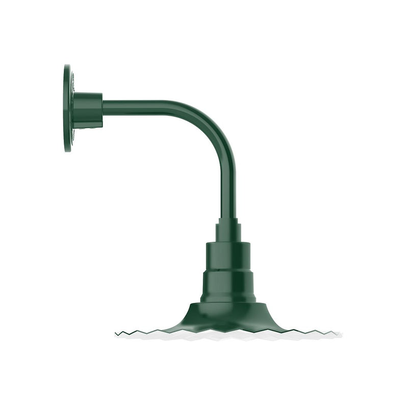 Forest green curved-arm wall light with round back plate and tapered bulb housing