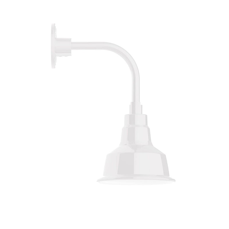 White curved-arm wall light with bell shade and wall mount