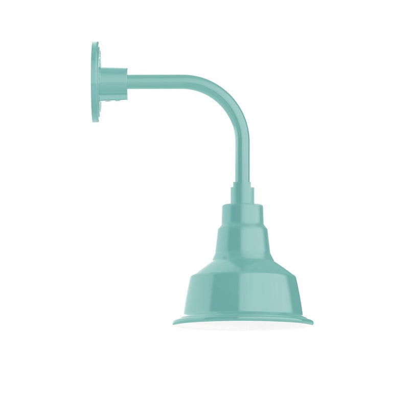 Sea green curved arm wall light with bell shade and round backplate