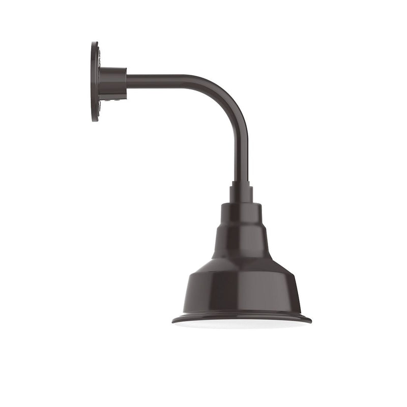Curved arm wall light with dome shade, architectural bronze finish