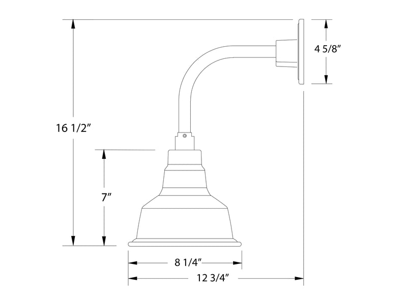 Curved arm wall light dimensions: 16 1/2 in tall, 8 1/4 in wide