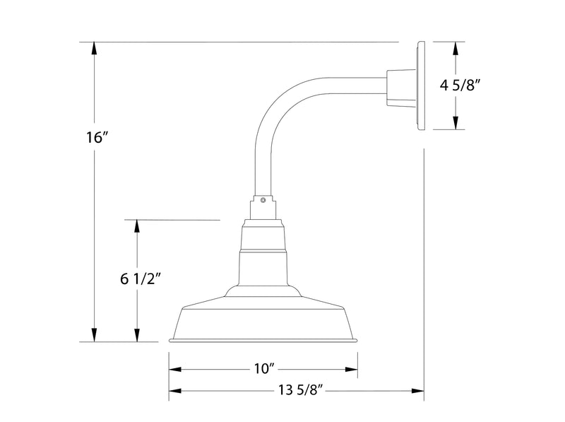 Curved arm wall light dimensions diagram, 10 in shade and 16 in arm height