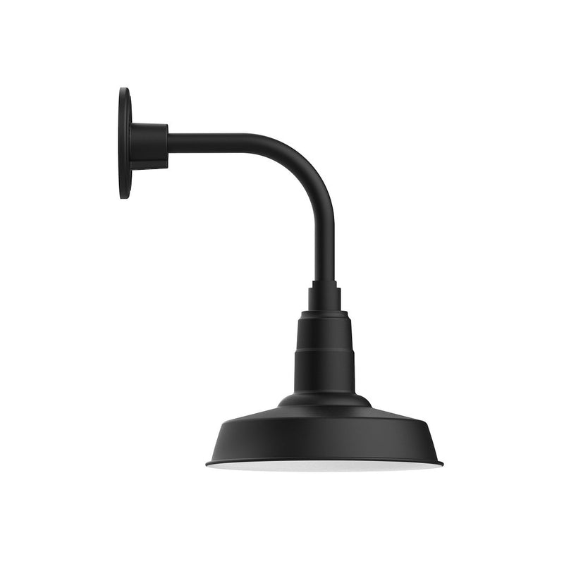 Black curved-arm LED wall light with conical shade and round mount plate