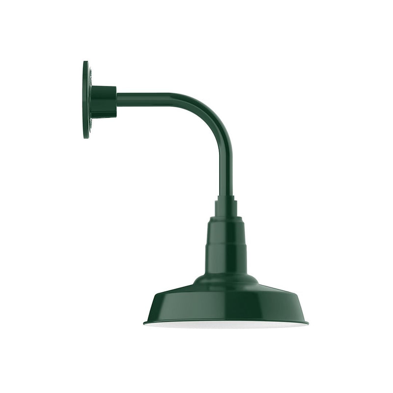 Forest green curved-arm LED wall light with dome shade and wall mount