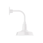 White curved-arm wall light with round backplate and downward dome shade