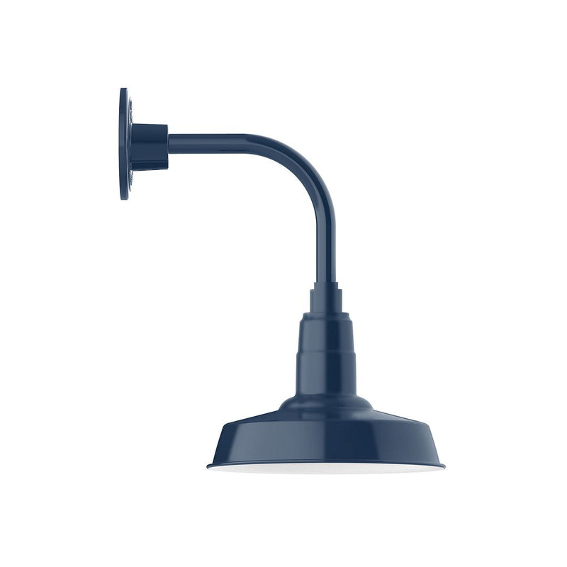 Navy curved-arm wall light with flared dome shade, mounted base