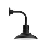 Black curved-arm wall light with round backplate and downward dome shade