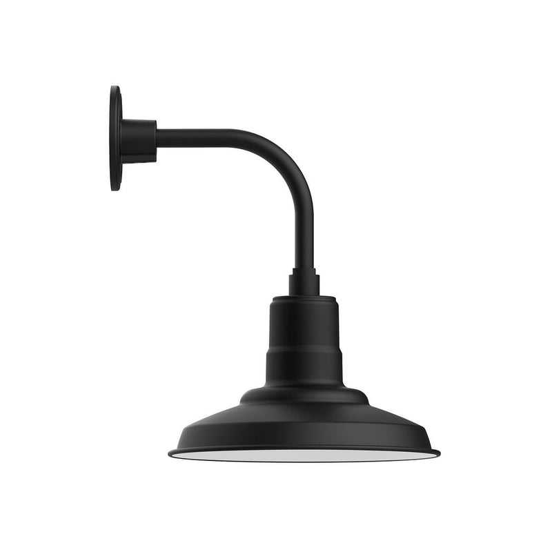 Black curved arm wall light with dome shade and round wall mount
