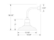Curved arm wall light dimensions diagram with mounting height and shade size