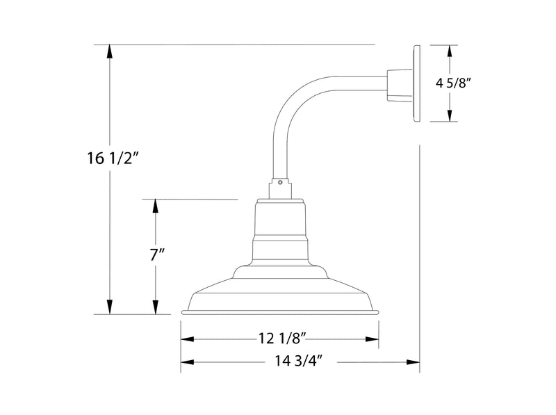 Curved arm wall light dimensions diagram with mounting height and shade size
