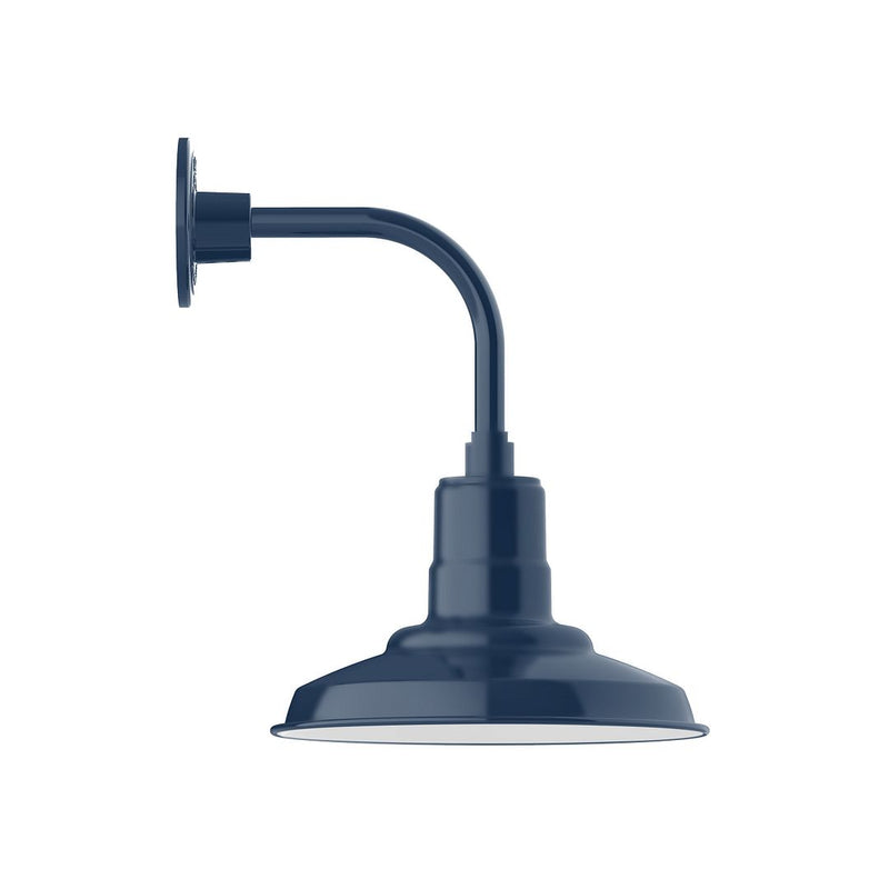Navy curved-arm LED wall light with dome shade and round backplate