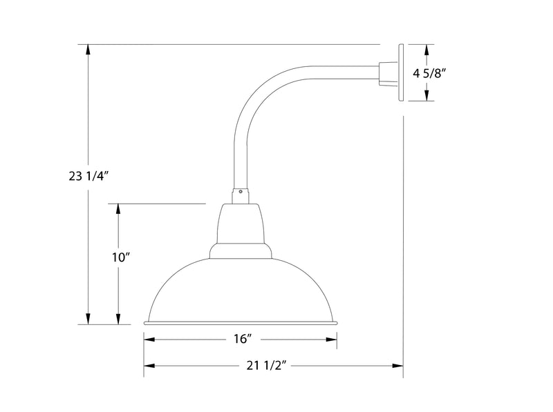 Wall light dimension diagram with curved arm, 16 in width and 23-1/4 in height