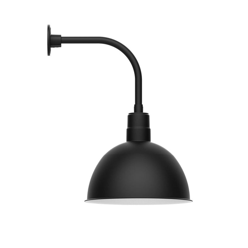 Black curved-arm wall light with deep domed shade and mounting backplate